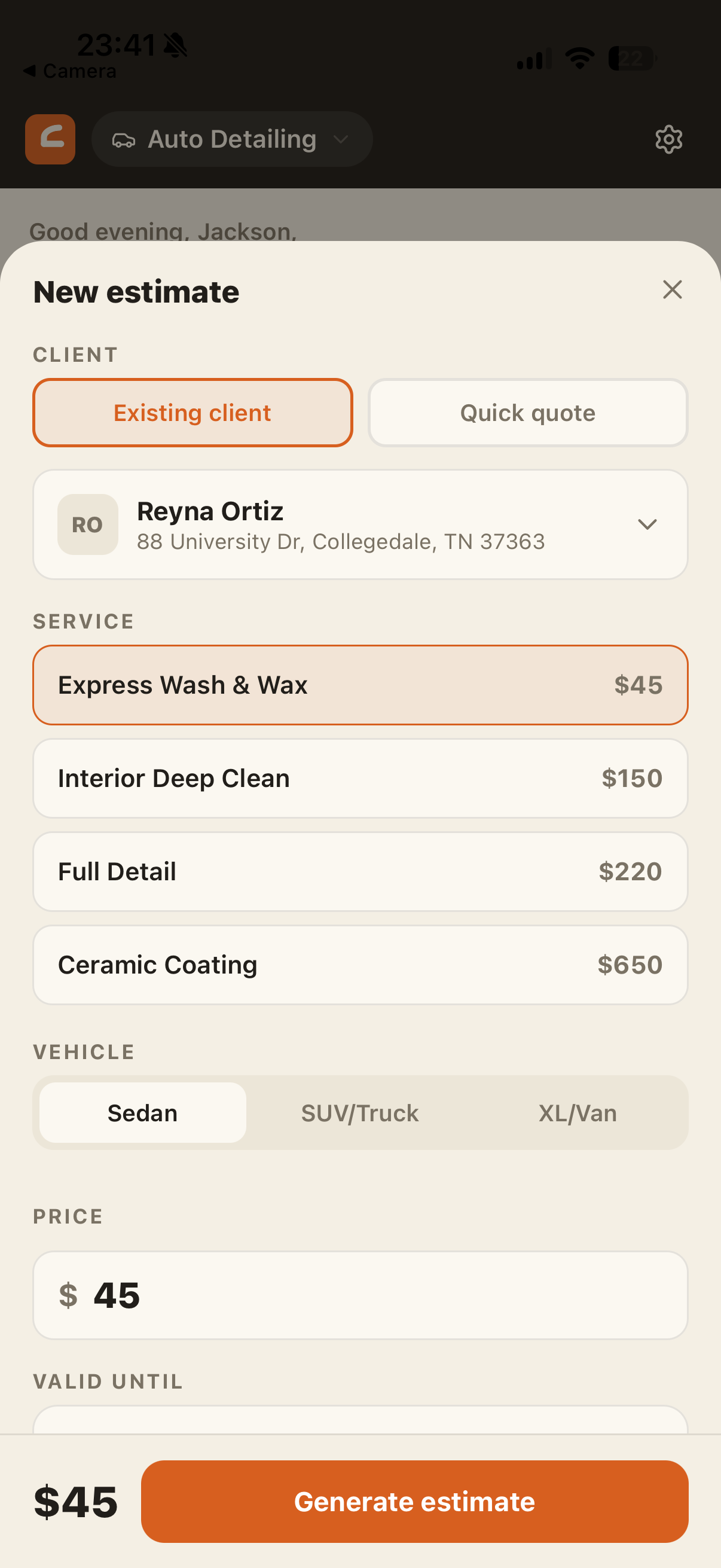 Estimate screen