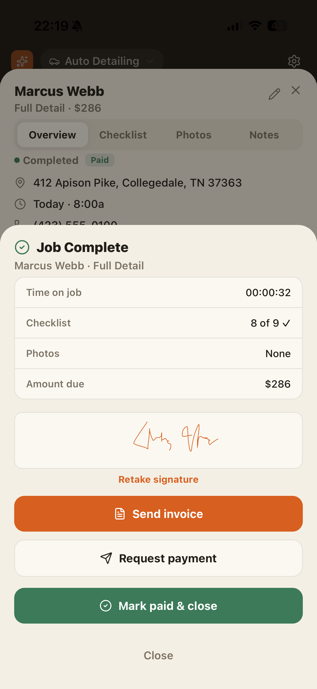 Job completion and invoice screen