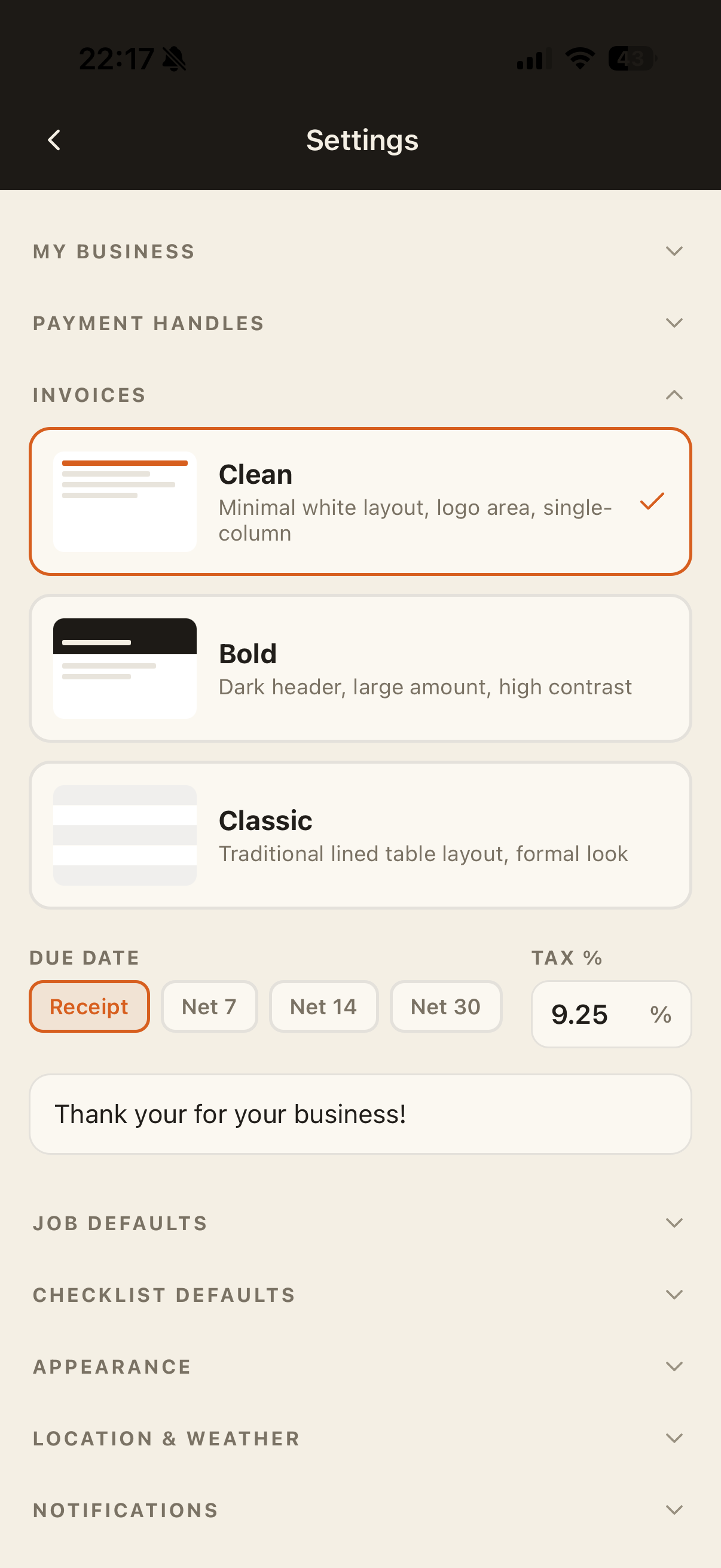 Settings screen